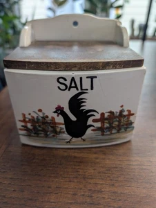 Vintage Porcelain Salt Box with Wood Lid Rooster  - Picture 1 of 9