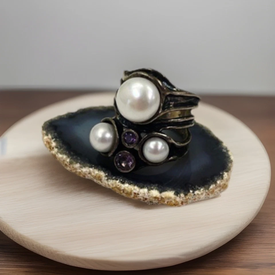 Banda ancha Shablool Didae perla y amatista talla 7 plata de ley Israel Foto 1 de 4