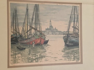 复古 HANS FIGURA 签名 Aquatint 蚀刻 - 威尼斯渔船 14x16 — 第 1/4 张图片