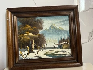 Vintage Rare Picture Hand Painted Painting Tree Ice Mountain Art 12"x10" Wooden - Picture 1 of 11