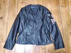 Love Star Women L Faux Leather Lined Black Jacket Embroidered Hummingbird Flower - Picture 1 of 10