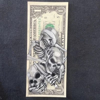 See No Hear No Speak  No Evil 1 Dollar Bill painting tattoo art Graffiti - Image 1 of 4