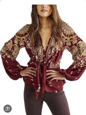 Blusa con corbata para mujer Free People manga globo arándano/bronceado sedosa talla mediana Foto 1 de 4