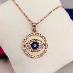Blue Evil Eye Pendant, Sparkling CZ Enamel Pendant, 925 Sterling Silver Pendant - Picture 1 of 3