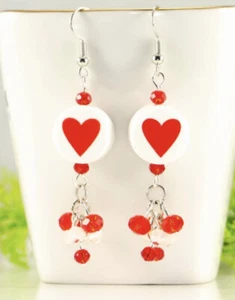 VALENTINES DAY LOVE HEART RED AND WHITE GLASS BEAD CRYSTAL SILVER TONE EARRINGS - Picture 1 of 1