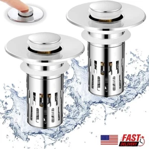 2× Universal Bathroom Sink Stopper Drain Strainer Pop Up Drain Stopper Stainless - Picture 1 of 12