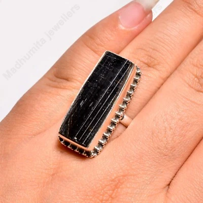 Raw Black Tourmaline Gemstone 925 Sterling Silver Ring Handmade Jewelry Ring - Image 1 of 4