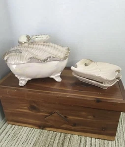 Vintage Cigarette Ashtray Box Combo Lipper And Mann Japan Gold Trim Seashell - Picture 1 of 6