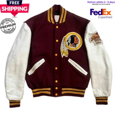 Chaqueta Letterman Universitaria Años 80 Washington Redskins Granate Lana a Presión Completa Cuero Foto 1 de 4