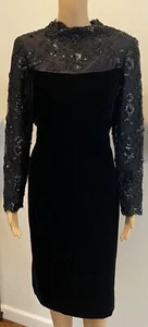 OSCAR DE LA RENTA VTG black velvet dress w/beaded lace navy lining SZ L(ALTERED) - Picture 1 of 10