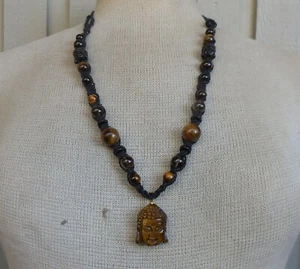 Tigerauge Buddha Kopf verstellbar Hanf Halskette Rauchquarz Onyx Stein Perlen - Bild 1 von 12