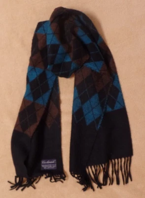 Vintage Cashmink acrylic scarf / muffler, brown & blue argyle,  unisex, 11 x 60 - Image 1 of 4