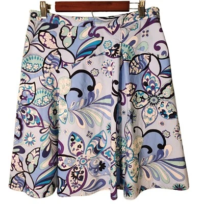 Sunny Leigh Skirt Womens 12 Blue Floral Flare Polished Crisp Cotton Stretch - Image 1 of 4