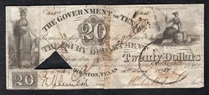 1839 20 $ THE GOVERNMENT OF TEXAS HOUSTON, TX OBSOLETE CURRENCY NOTE - Bild 1 von 2