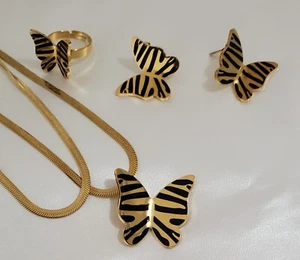 18K vergoldet schwarz Gold Schmetterling Doppel Halskette Ohrring Ring Schmuck Set - Bild 1 von 6