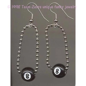 Funky Punk EIGHT 8-BALL CHAIN EARRINGS Retro Emo Pool Billiards Novelty Jewelry - Picture 1 of 2