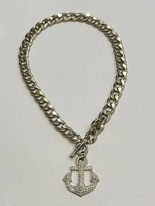 VTG 10K Gold Tone Chain Link Nautical Necklace Rhinestone Anchor Toggle Clasp - Picture 1 of 11