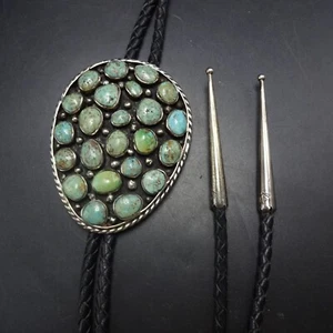 Vintage NAVAJO Sterling Silver TURQUOISE Cluster BOLO Tie, Leather Cord 925 Tips - Picture 1 of 19