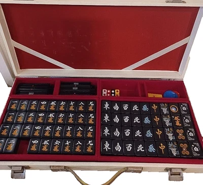 King Bird All-Black Mahjong Set – Bead Inlaid Tiles - Image 1 of 4