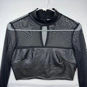 Top corto Blanc negro de malla manga larga cuello falso para mujer talla grande - Imagen 1 de 9