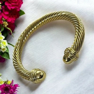 Brazalete Cable Flex Puño Cristalino Estrás Estilo Diseñador Tono Dorado Foto 1 de 4