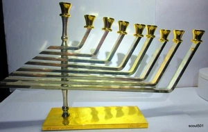 Vintage Never Used 24K Gold Plated Signed Karshi Kenetic Hanukkah Menorah - Picture 1 of 8