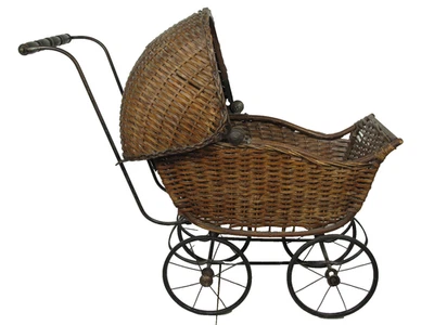 Cochecito de bebé de mimbre marrón de colección ruedas de metal toldo superior móvil ~ 30" Foto 1 de 4