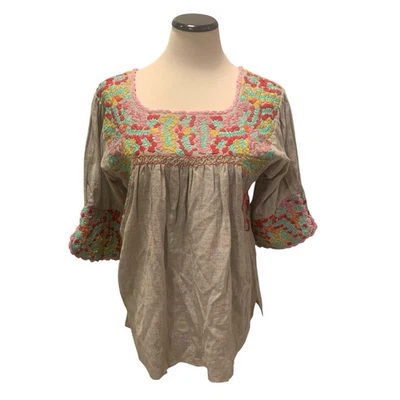 Sister Mary Embroidered Blouse Women's Large Floral Gray Peasant Cotton Boho Top - Image 1 of 4