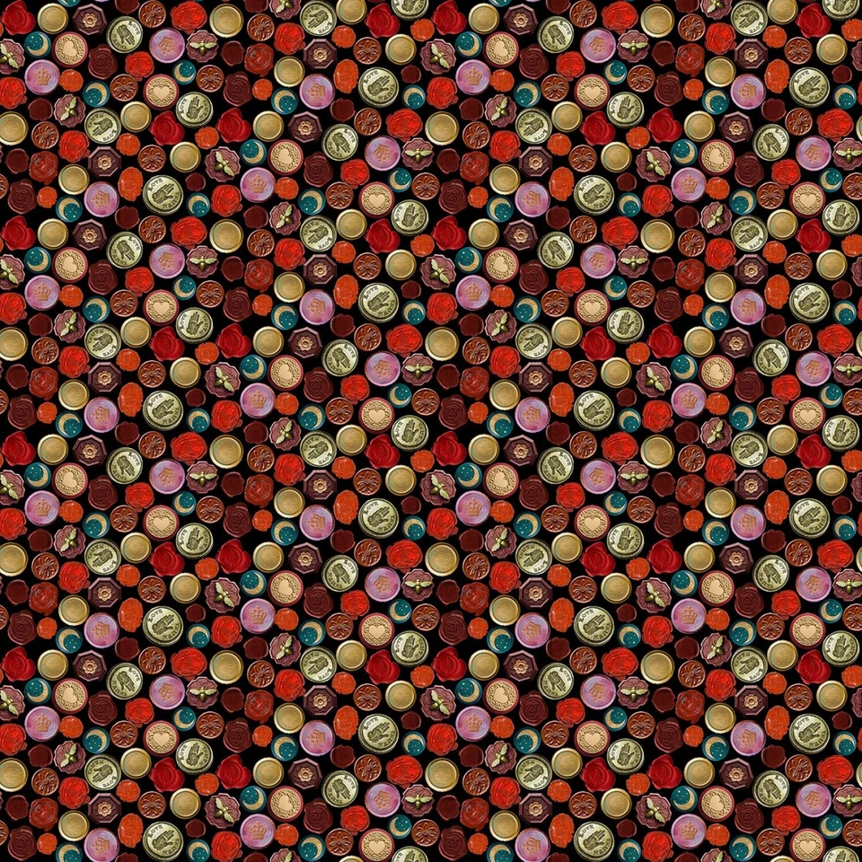 Michael Miller Junk Journal DDC12297 Black Wax Seal Stamps  Cotton - Imagem 1 de 1