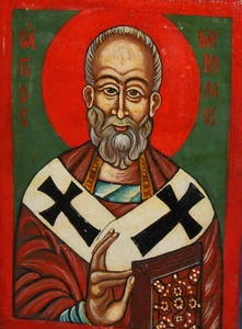 Pequeño témpera ortodoxa sobre madera pintado a mano icono de San Nicolás - Imagen 1 de 12