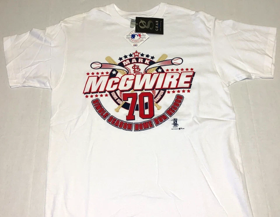 Camiseta rara 1998 Mark McGwire 70 Home Run Record Champ nueva con etiquetas LG puntada única Foto 1 de 1