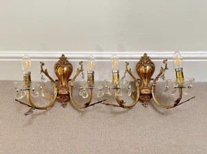 PAIR Antique Twin/Double Arm Brass Crystal Wall Light Sconce, Wired, Bayonet B22 - Picture 1 of 7