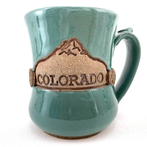 Stoneware Clay Colorado Rocky Mountain 3D Wagon Wheels Green Glazed Coffee Mug - Picture 1 of 8