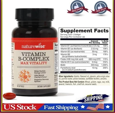 SUPER B-COMPLEX Biotina B1 B2 B3 B6 B7 Ácido fólico B12 Boost Energía Antioxidante Foto 1 de 4