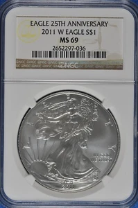 2011 W Burnished 1 OZ Silver American Eagle NGC MS 69 25th Anniversary - Picture 1 of 2