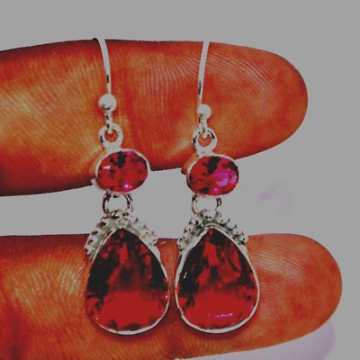 Red Garnet Gemstone Handmade Dangle Earring,925 Sterling Silver  Earring 1.8" - Image 1 of 4