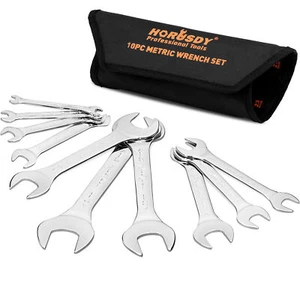 10PC Super-Thin Open End Wrench Set W Rolling Pouch Metric Slim Spanner 5.5-27mm - Picture 1 of 10