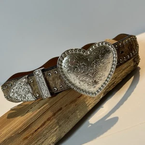 RANGER BELT Co. Size 26 Western Boho Cowgirl Silver Embossed Heart Cowhide Bling - Picture 1 of 12
