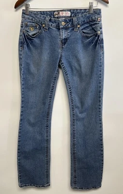 Pantalones de mezclilla Y2K Mecca Bootcut para mujer tiro bajo elásticos hip hop 30x31 7/8 bolsillo brillante Foto 1 de 4