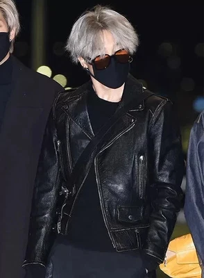 Black BTS Celebrity Jimin ShotGun Moto Biker Leather Jacket Men's Trending - Image 1 of 4