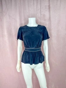 Frame Womens Stretch Round Neck Short Sleeve Silk Blouse Top Navy Blue Size XS - Picture 1 of 8