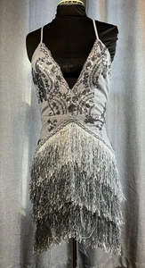 Boohoo Silver Gray Sequined Fringe Flapper Party Dress - 12 (see measurements) - Picture 1 of 7