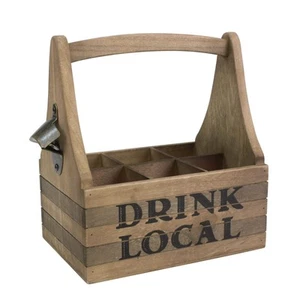 Wooden Drink Local Beer Caddy with Handle and Metal Bottle Opener, Large, Brown - Picture 1 of 4