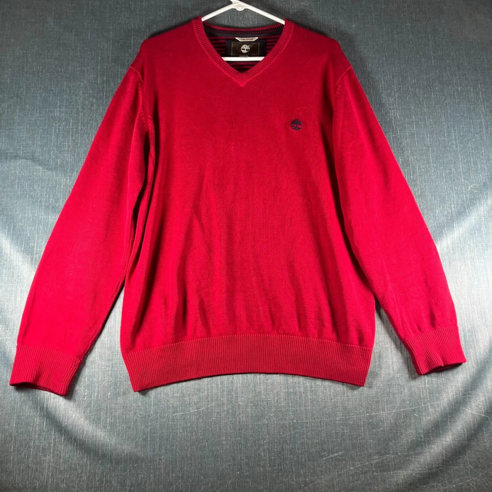 Suéter Timberland Para Hombre Talla L Rojo Cuello en V Codo Parche Pullover Logo Pima Algodón Foto 1 de 4