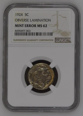 1924 Buffalo Nickel NGC MS-62 OBVERSE LAMINATION - Image 1 of 2