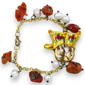 Bracciale catena con Perle, L 17 cm ca. carretto siciliano in ceramica Caltagiro - Imagen 1 de 1