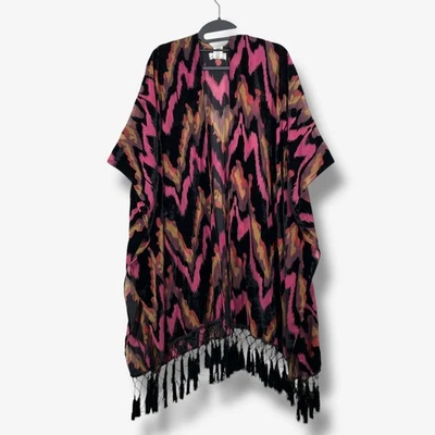Free People Kimono Terciopelo Flecos Abierto Frontal Cubierta Mujer OS Rosa Negro Boho Foto 1 de 4