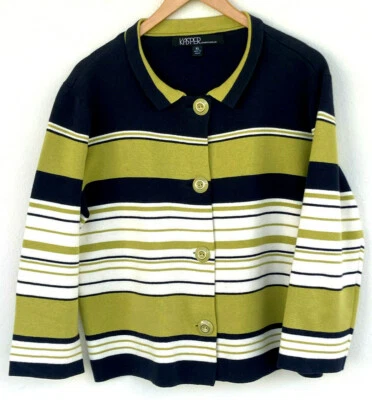 Cárdigan Suéter Kasper Rayas 100% Algodón con Manga 3/4 Abotonable Talla XL Foto 1 de 4