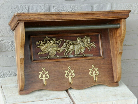 French vintage 1960 oak wood carved coat rack copper plaque horse carriage Cover