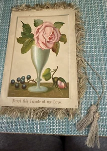 Antique Silk Fringed Double-sided -TASSLED Chromolithograph LOVE TRIBUTE CARD - Picture 1 of 10